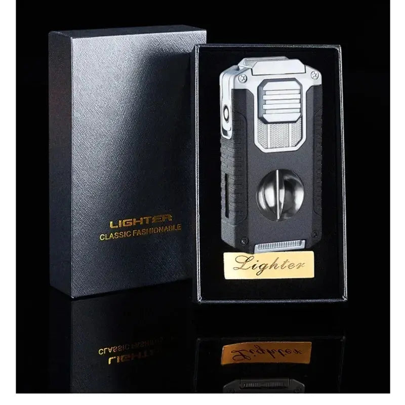 2024 Multifunctional Three-jet Flame Direct Injection Cigar Lighter with Built-in V-shaped Cigar Cutter Portable Five-in-one Ash & Ember Society