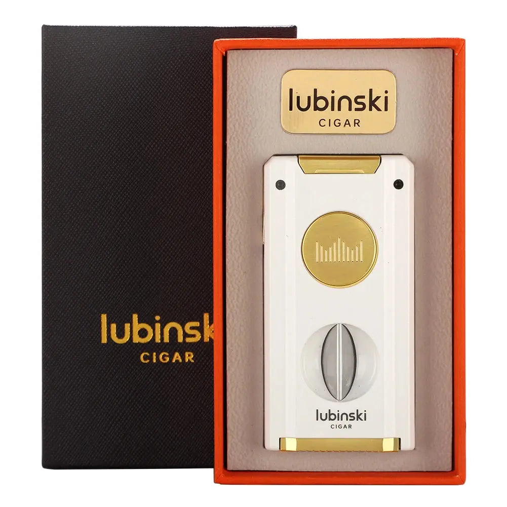 LUBINSKI Cigar V Cutter Metal 2 Torch Lighter With Support Holder Needles Cigar Lighters Gift Box Packaging - Ash & Ember Society