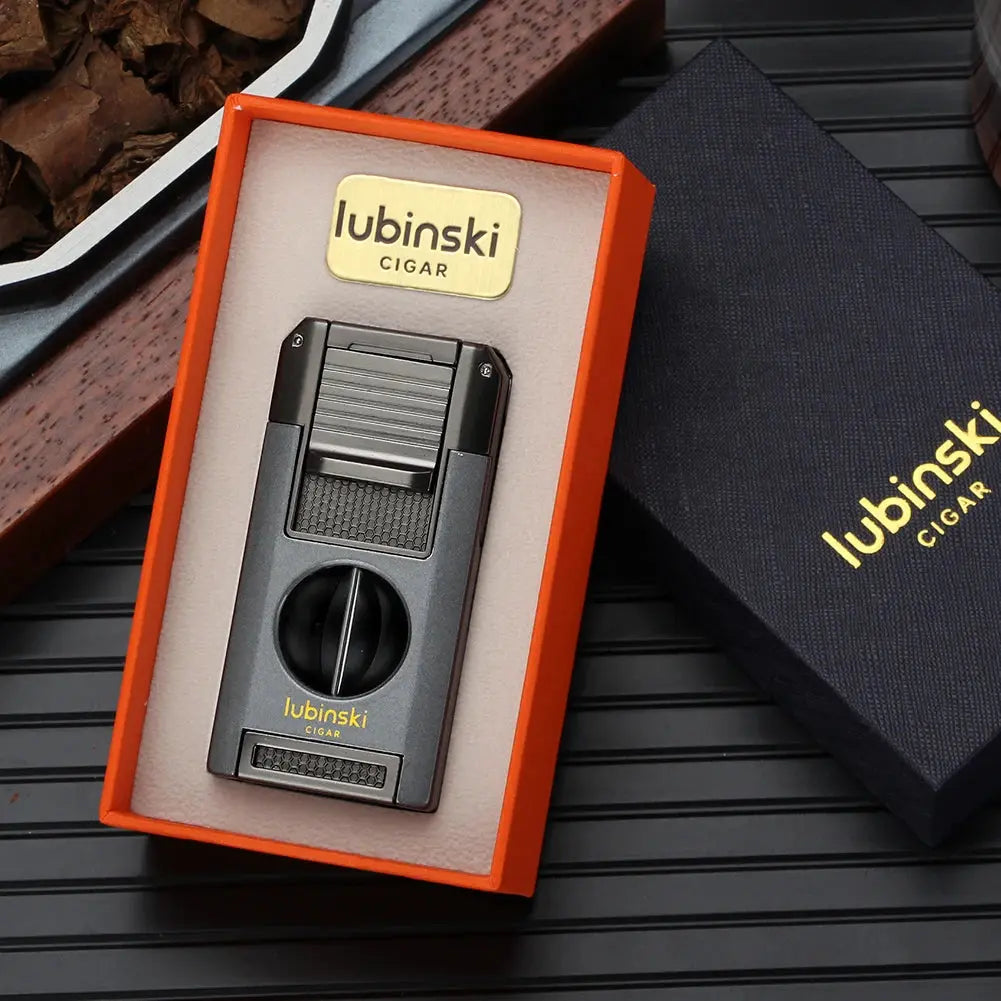 LUBINSKI Cigar V Cutter Metal 2 Torch Lighter With Support Holder Needles Cigar Lighters Gift Box Packaging - Ash & Ember Society