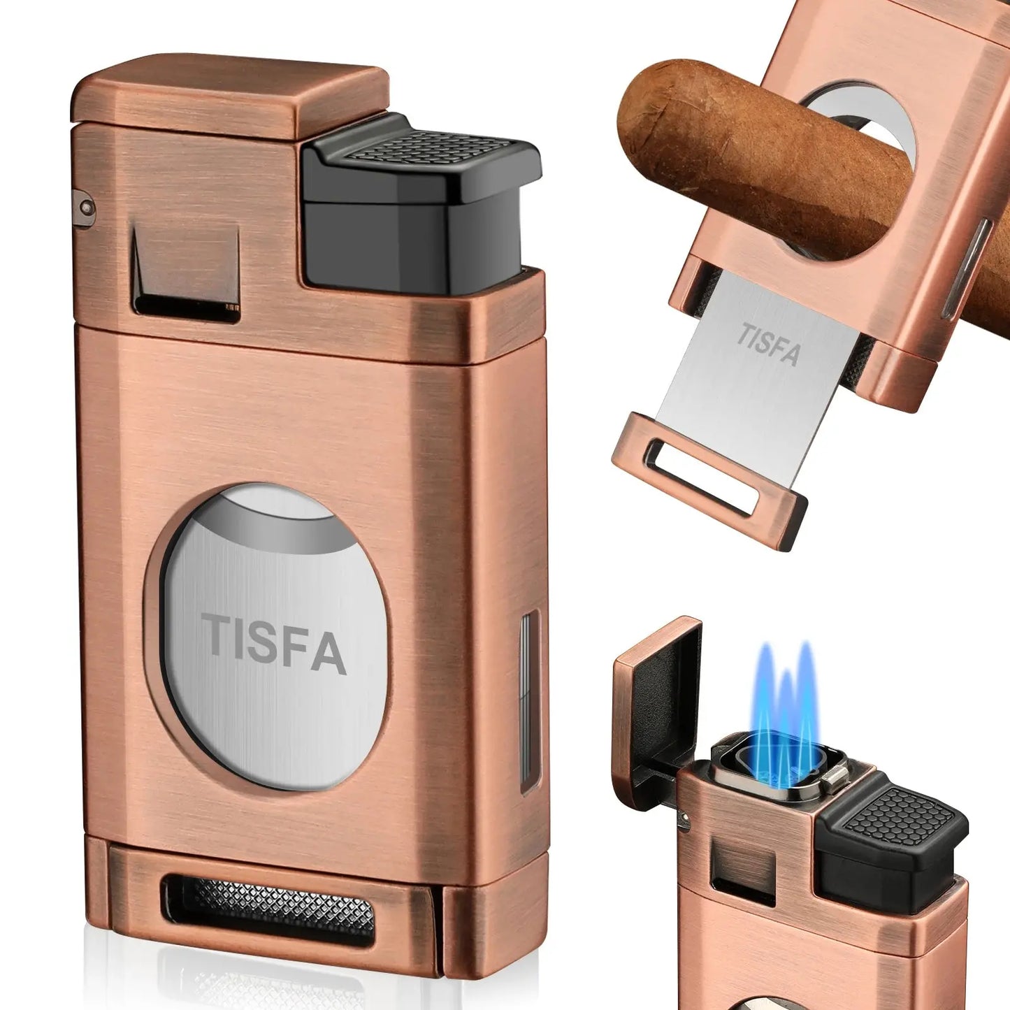 Cigar Torch Lighter with Built in Cigar Cutter,Triple Jet Flame Butane Lighter with Window,Refillable Butane Windproof Lighters Ash & Ember Society