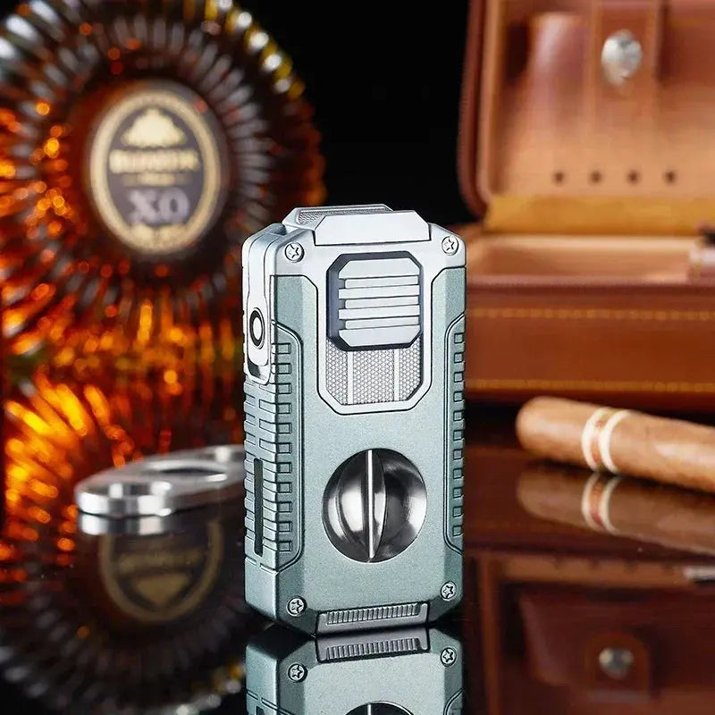 2024 Multifunctional Three-jet Flame Direct Injection Cigar Lighter with Built-in V-shaped Cigar Cutter Portable Five-in-one Ash & Ember Society