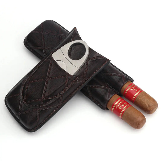 Xifei PU 2 Slots Cigar Case Set Portable Humidor Box W/ Stainless Steel Cutter Travel Smoking Cigarette Storage Accessories Ash & Ember Society