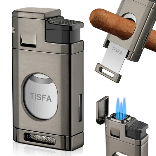 Cigar Torch Lighter with Built in Cigar Cutter,Triple Jet Flame Butane Lighter with Window,Refillable Butane Windproof Lighters Ash & Ember Society