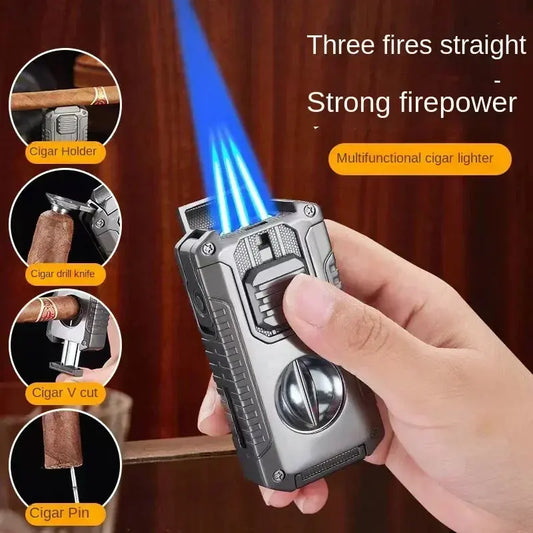 2024 Multifunctional Three-jet Flame Direct Injection Cigar Lighter with Built-in V-shaped Cigar Cutter Portable Five-in-one Ash & Ember Society