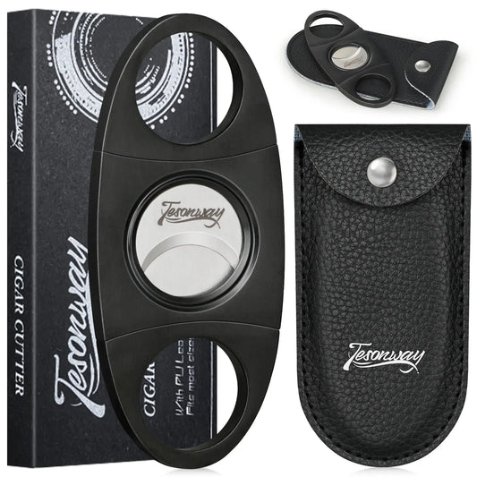 Tesonway-Cigar Cutter with Leather Case for Men, Stainless Steel, Double Cut Blade Guillotine, Cigar Accessories Ash & Ember Society