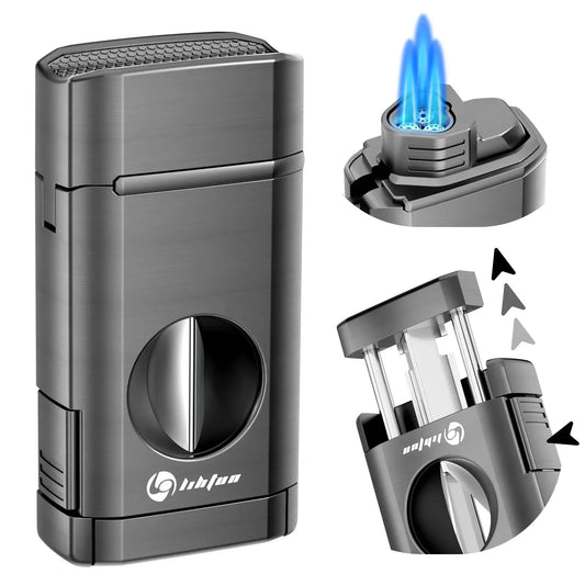 Cigar Lighter,Multi-Function Torch Lighter Built-in Cigar Holder&One-Touch Cutter V Cut, 3 Jet Flame Butane Lighters Accessories Ash & Ember Society